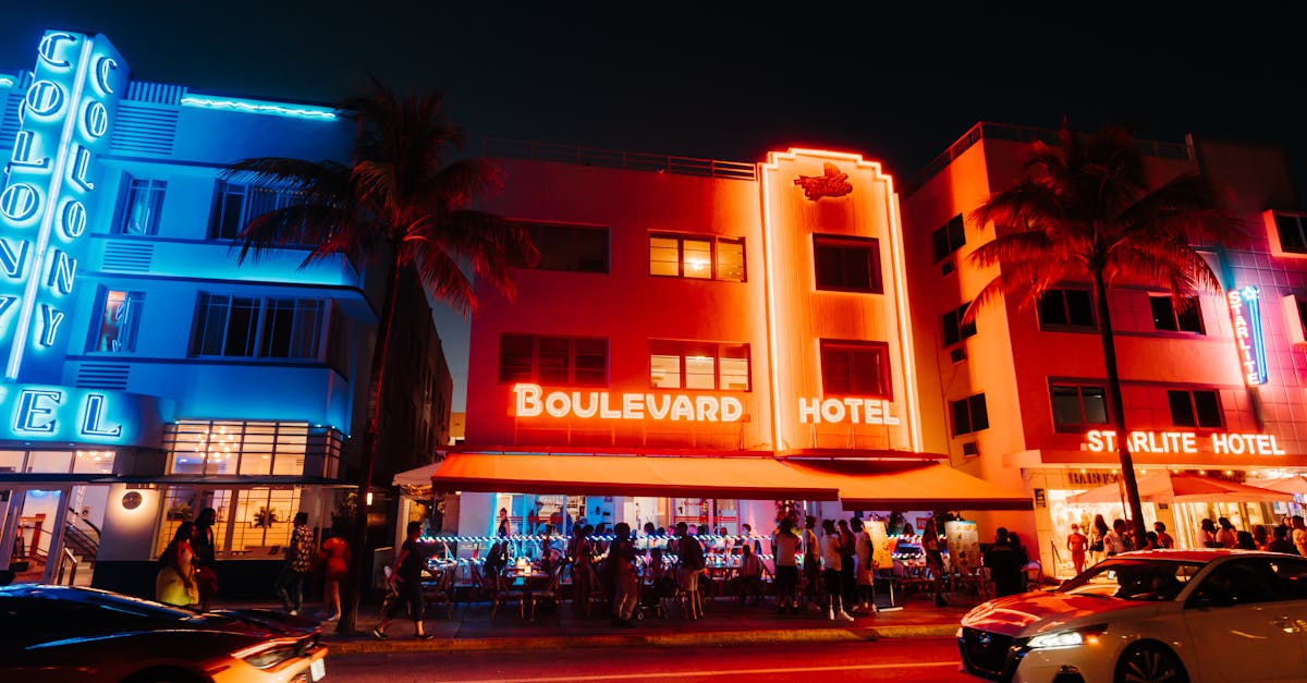 Captivating view of lit-up hotels and nightlife on Miami's Ocean Drive.