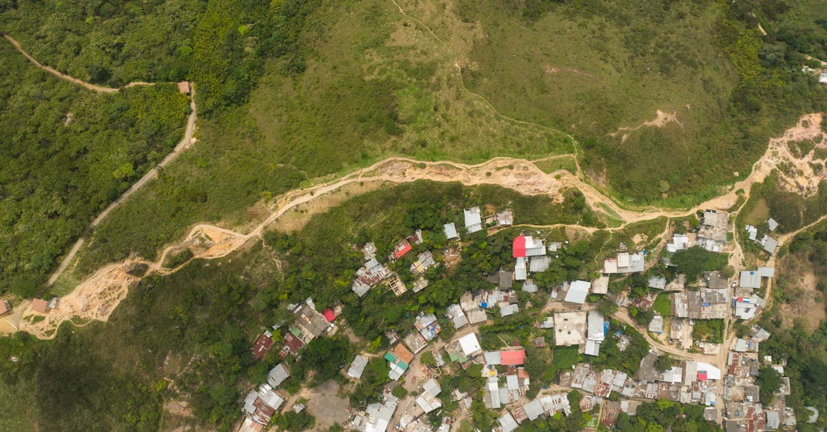 Drone view of rustic village surrounded by lush greenery and fields.
