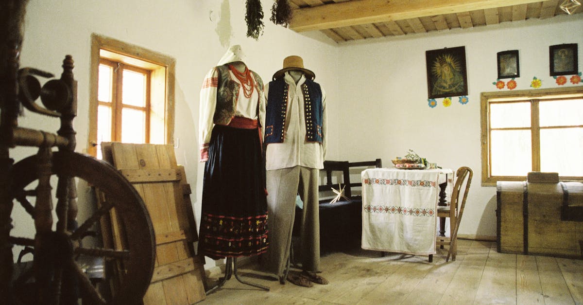 Vintage room in Lviv showcasing traditional Ukrainian attire and decor.