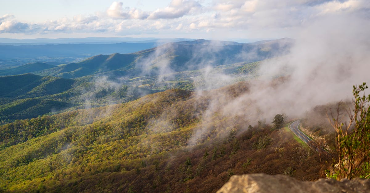 Breathtaking aerial view of the Blue Ridge Mountains with mist and lush greenery near Asheville, USA.