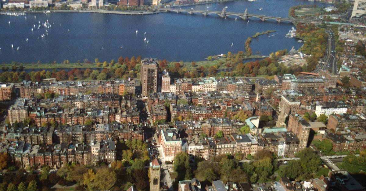 Stunning aerial shot of Boston skyline and Charles River in fall.