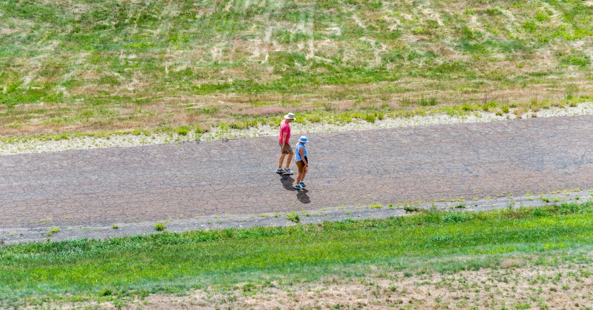 A drone shot capturing two people leisurely walking on a rural pathway surrounded by green landscapes.