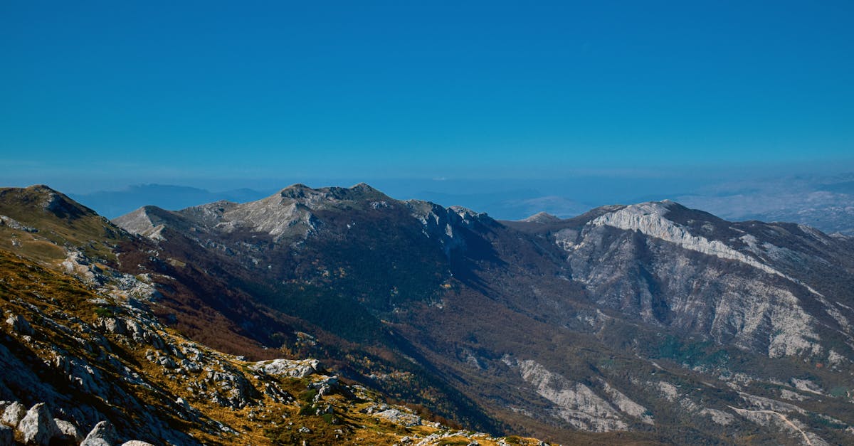 Stunning vista of a rugged mountain range under a clear blue sky.