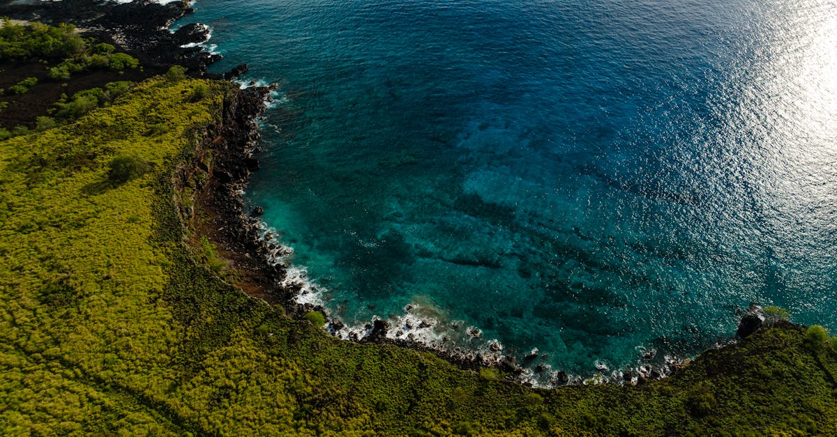 Stunning aerial view of Hawaii's Honaunau-Napoopoo coastline with vibrant ocean and lush greenery.
