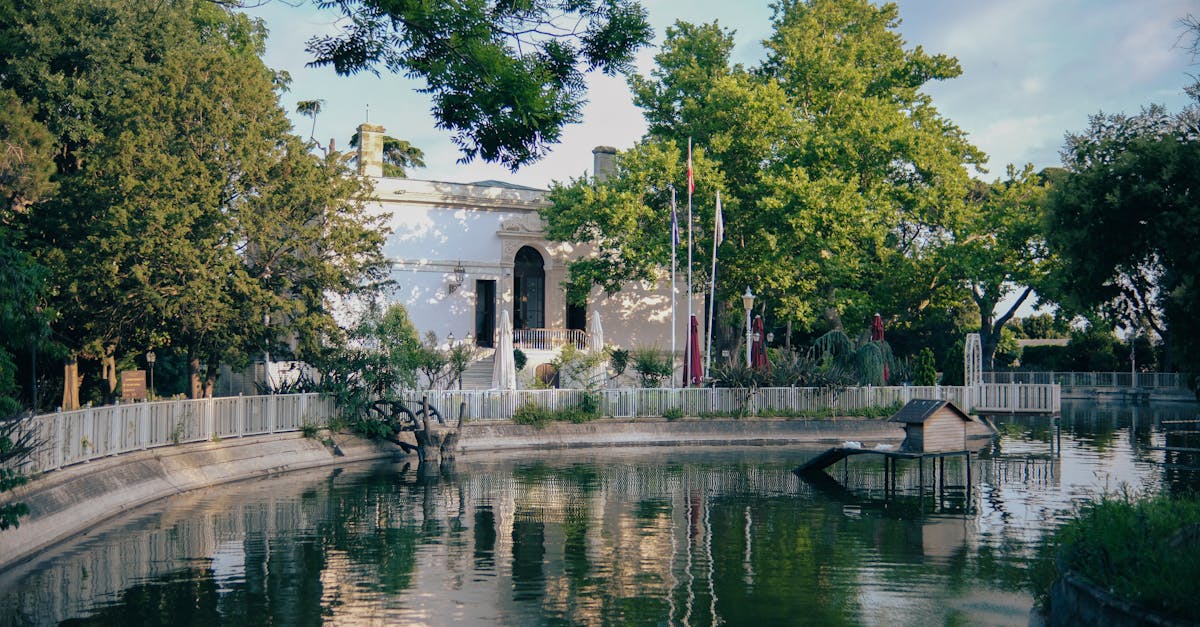 Tranquil park scene with a pond reflecting a historic building surrounded by lush trees.