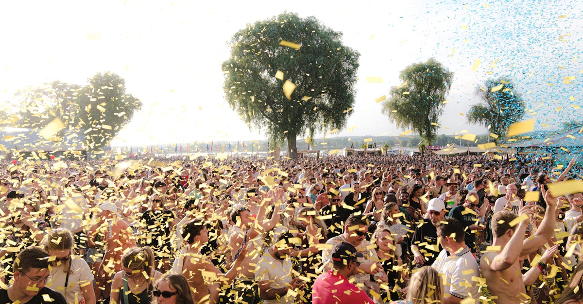 A lively crowd enjoying an outdoor music festival with confetti under a sunny sky.