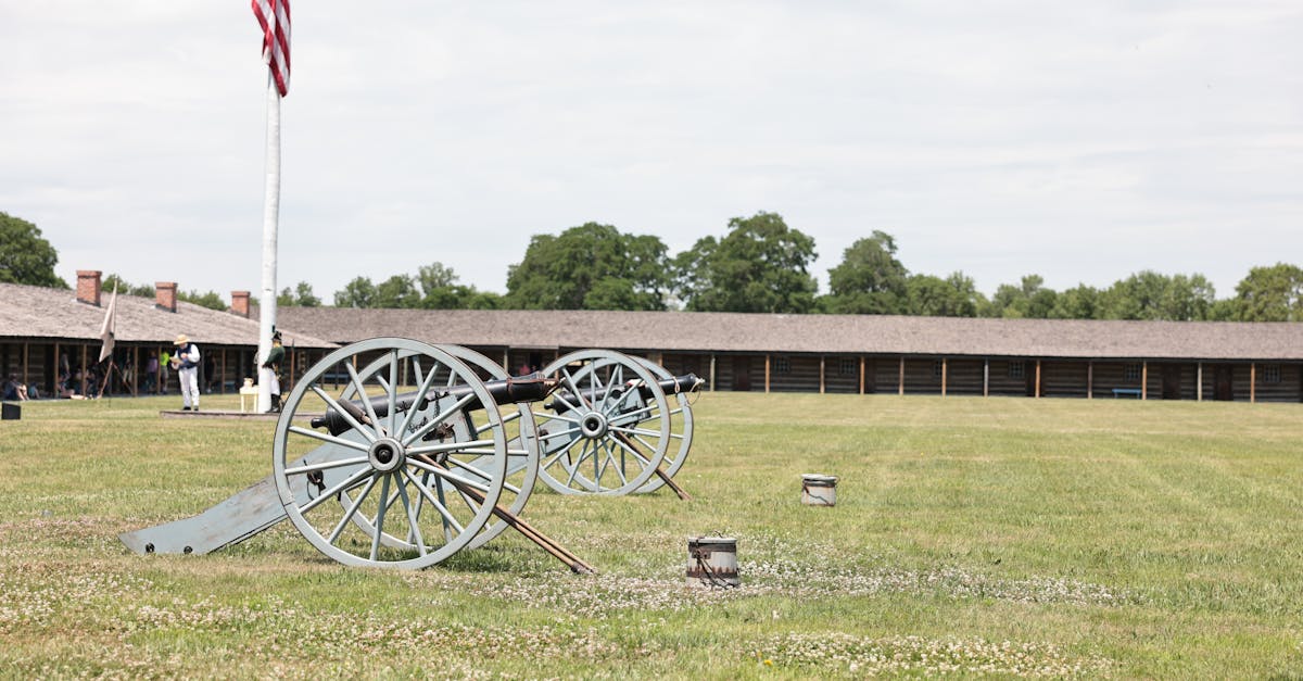 Cannons at a historic site with an American flag, showcasing a reenactment setting.