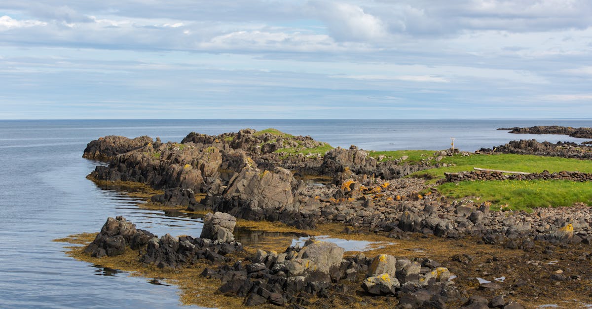 A stunning coastal landscape showing rugged rocks and serene sea under a cloudy sky.