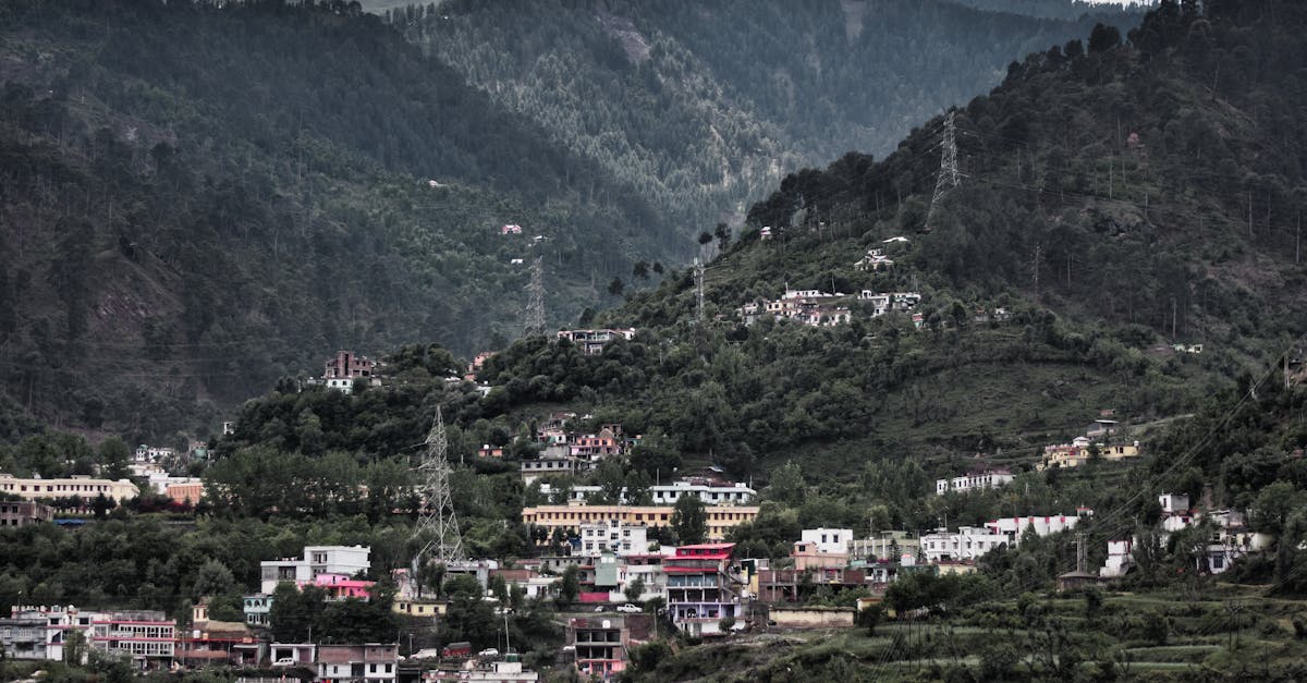 A picturesque view of a hillside town in Jammu surrounded by lush greenery and mountains.