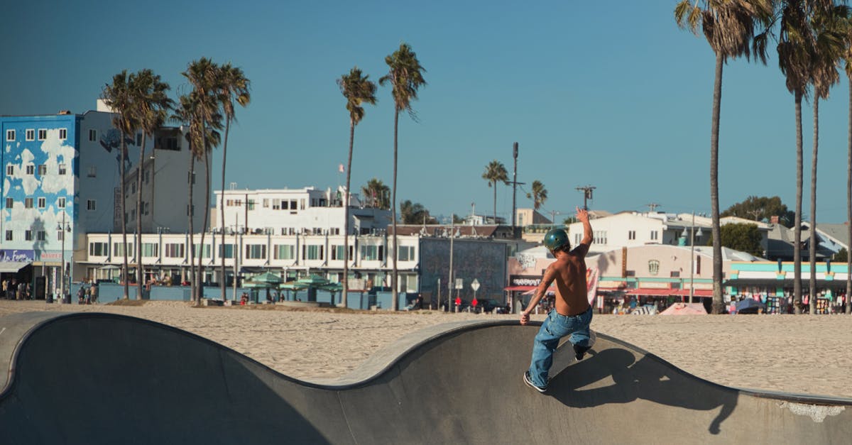 Skater performing tricks at a vibrant urban skatepark at Venice Beach with palm trees.