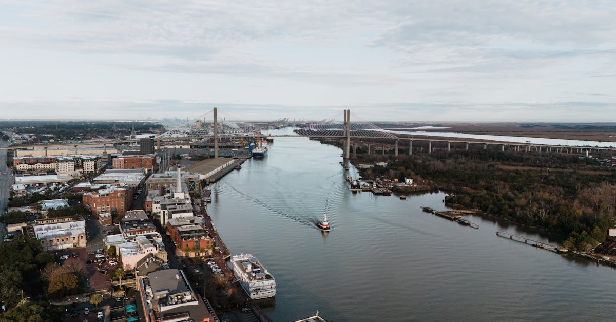 Scenic aerial view of Savannah River and Talmadge Memorial Bridge in Georgia, USA.