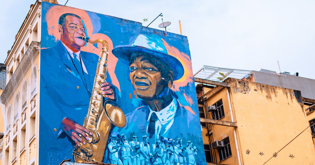 Colorful mural depicting jazz musicians on a building façade in Rio de Janeiro, Brazil.