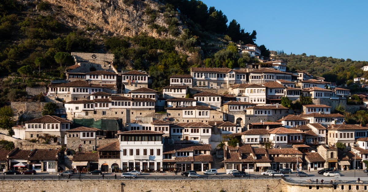 Charming view of traditional Ottoman houses in Berat, Albania, a UNESCO World Heritage site.