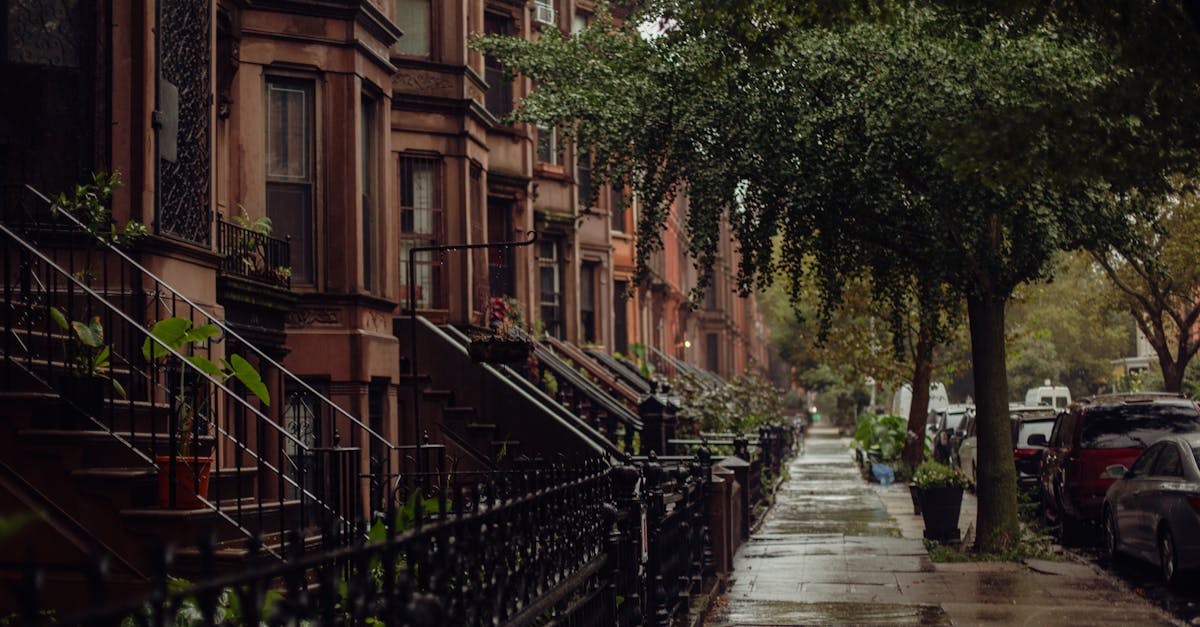 Quaint urban street view of brownstone homes on a rainy New York day.