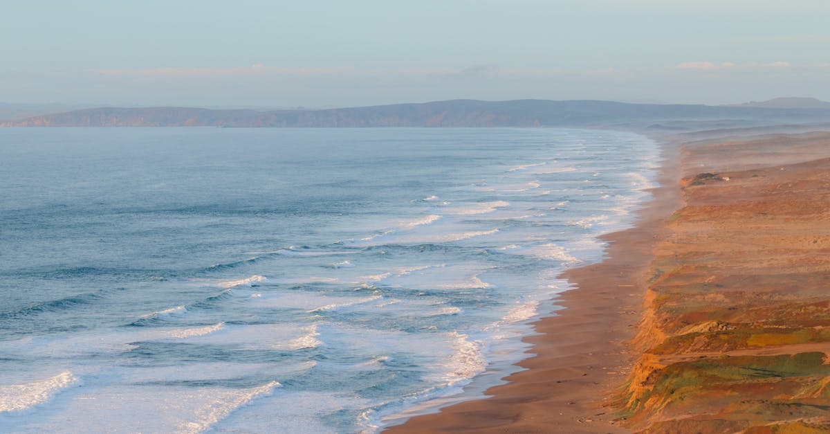 Aerial view of a serene beach with gentle waves and a distant horizon at dawn.