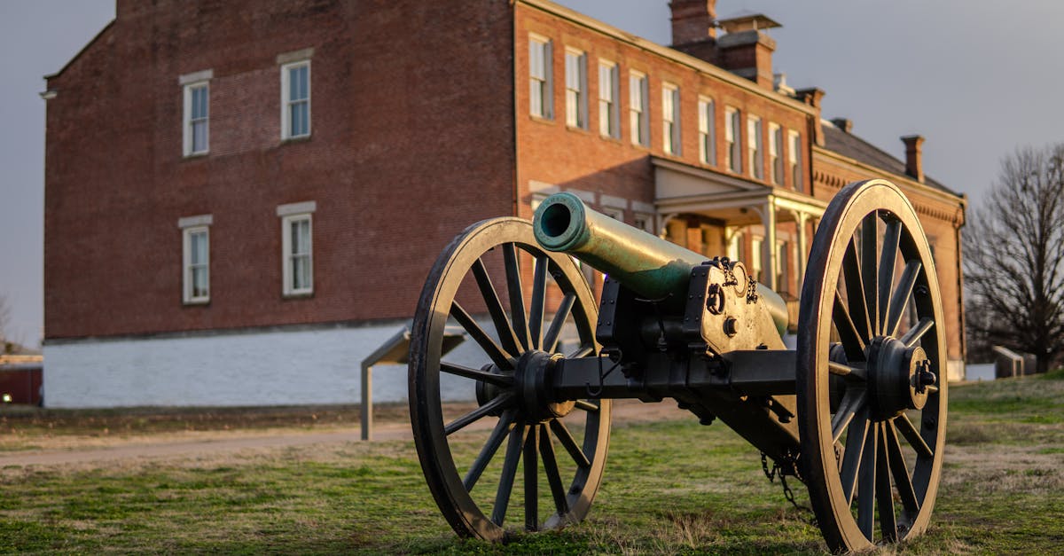 Cannon in front of a historic building at Fort Smith National Historic Site in Arkansas.