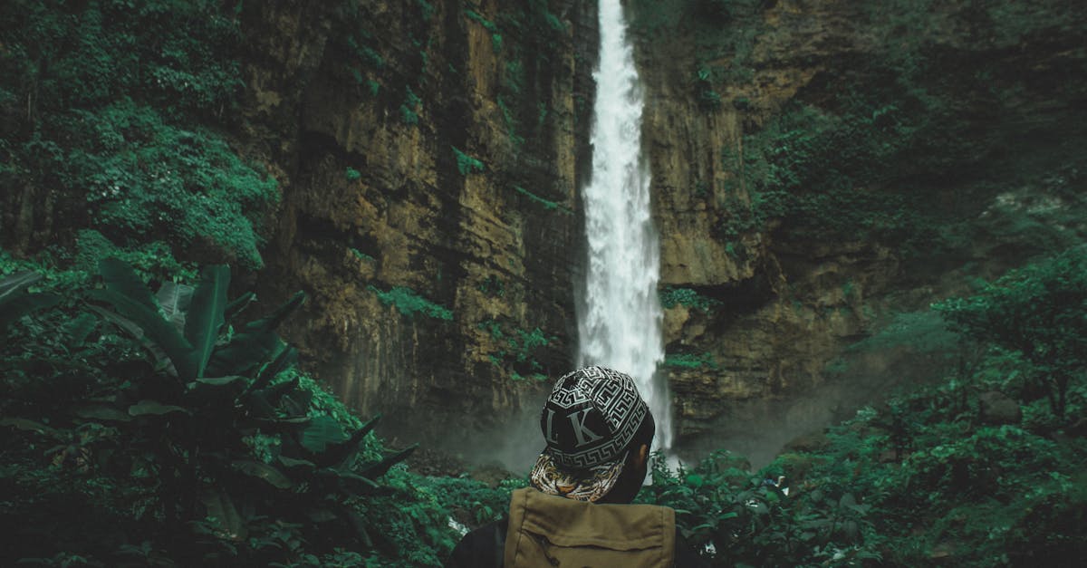 Person admiring a tall waterfall in a lush, green forest, conveying adventure and exploration.