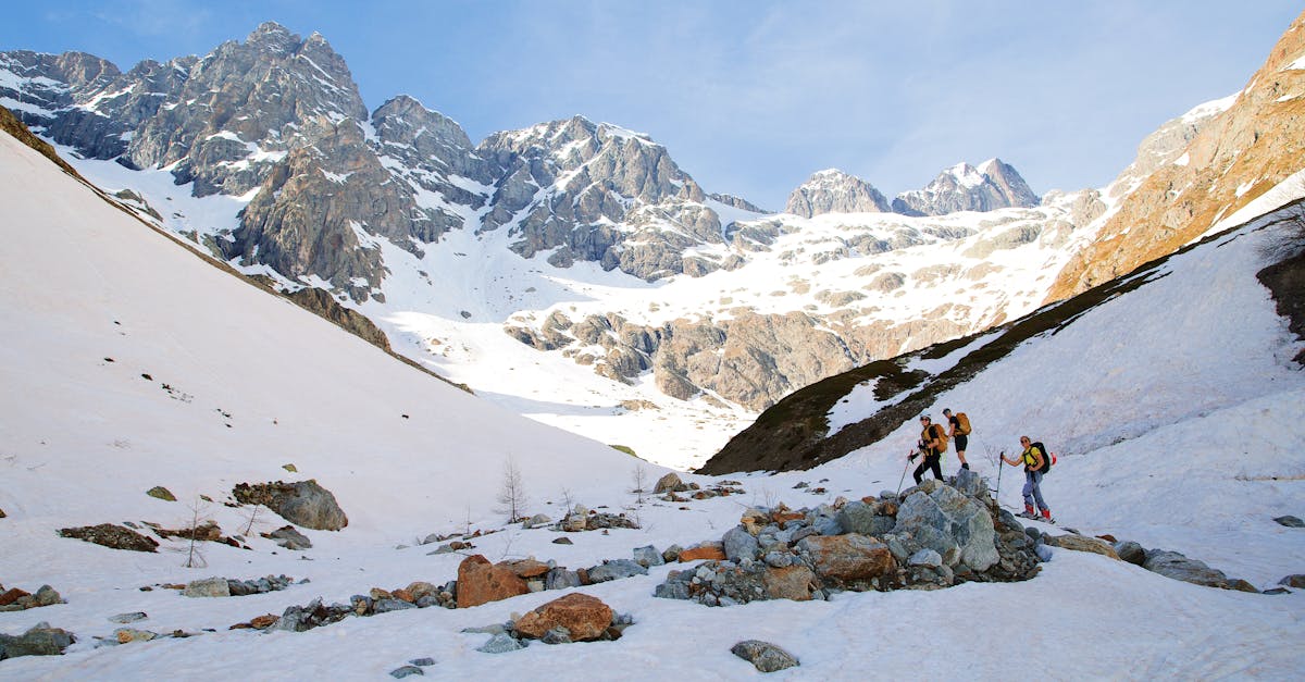 Skiers explore the snowy terrain of the Écrins mountains in France under a clear winter sky.