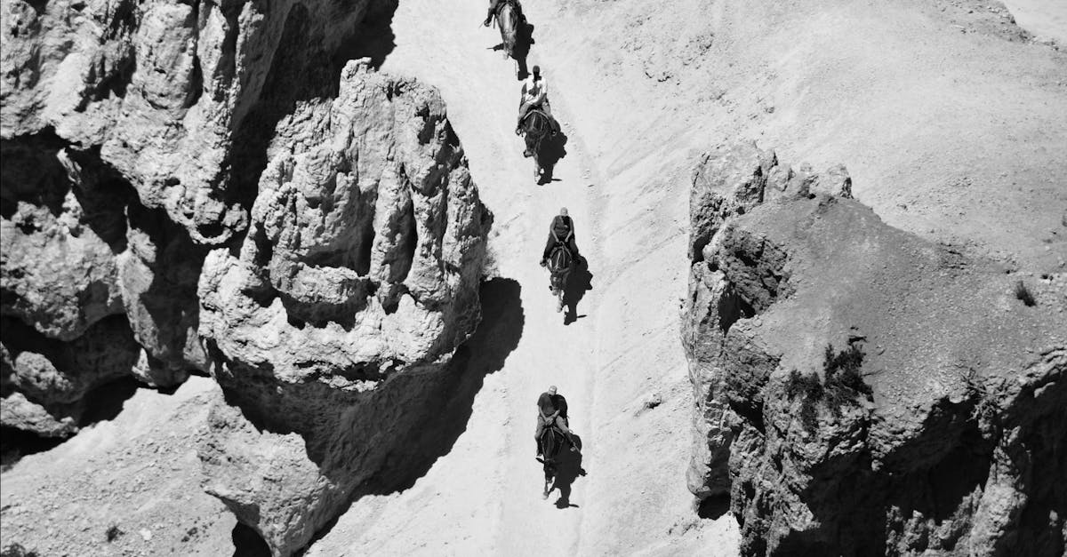 Black and white aerial shot of horseback riders traversing a narrow canyon path.