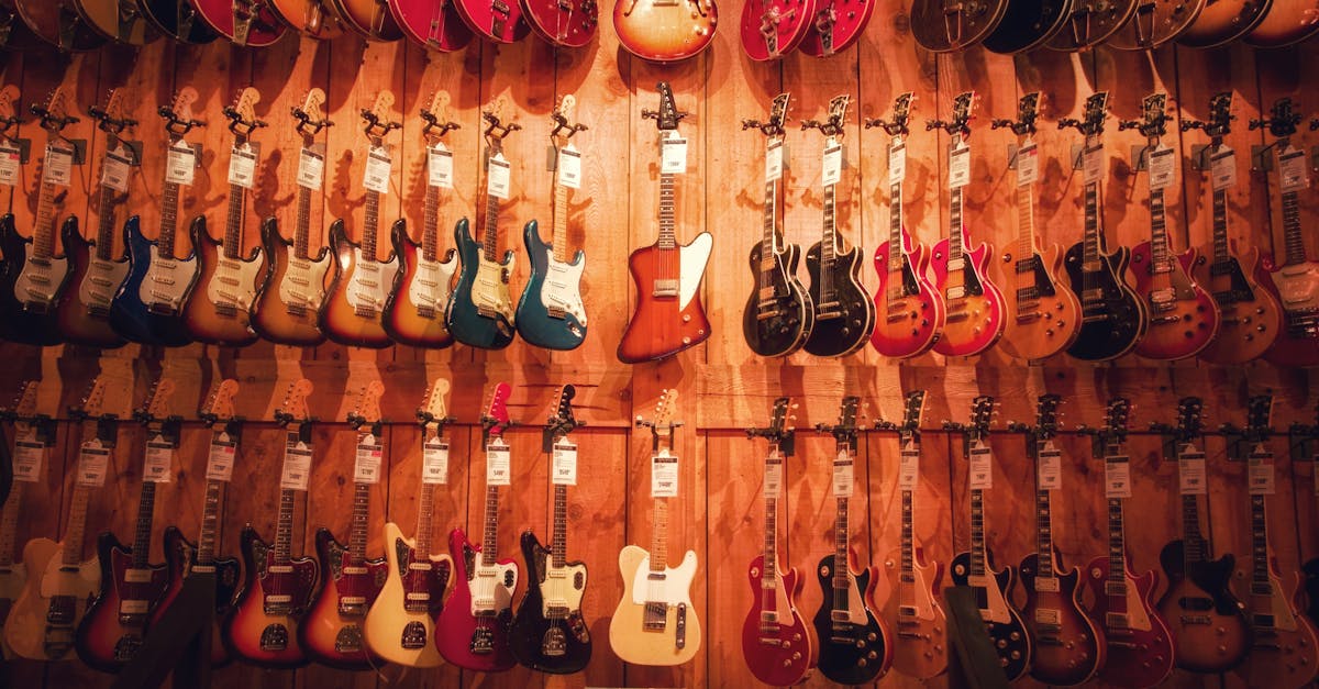Vibrant display of various electric guitars hanging in a Los Angeles music store.