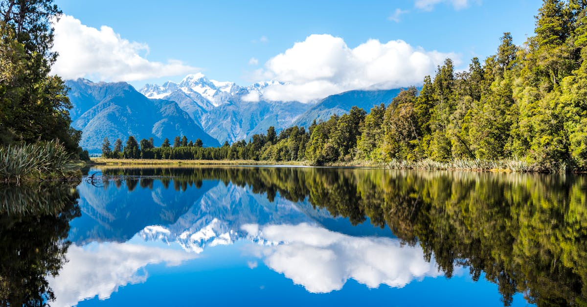 Peaceful mountain lake with stunning reflections and surrounding forest on a clear day.