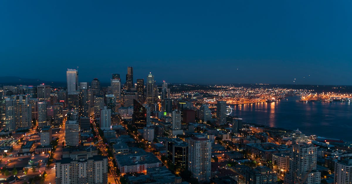 A breathtaking view of Seattle's skyline at twilight with city lights illuminating the urban landscape.