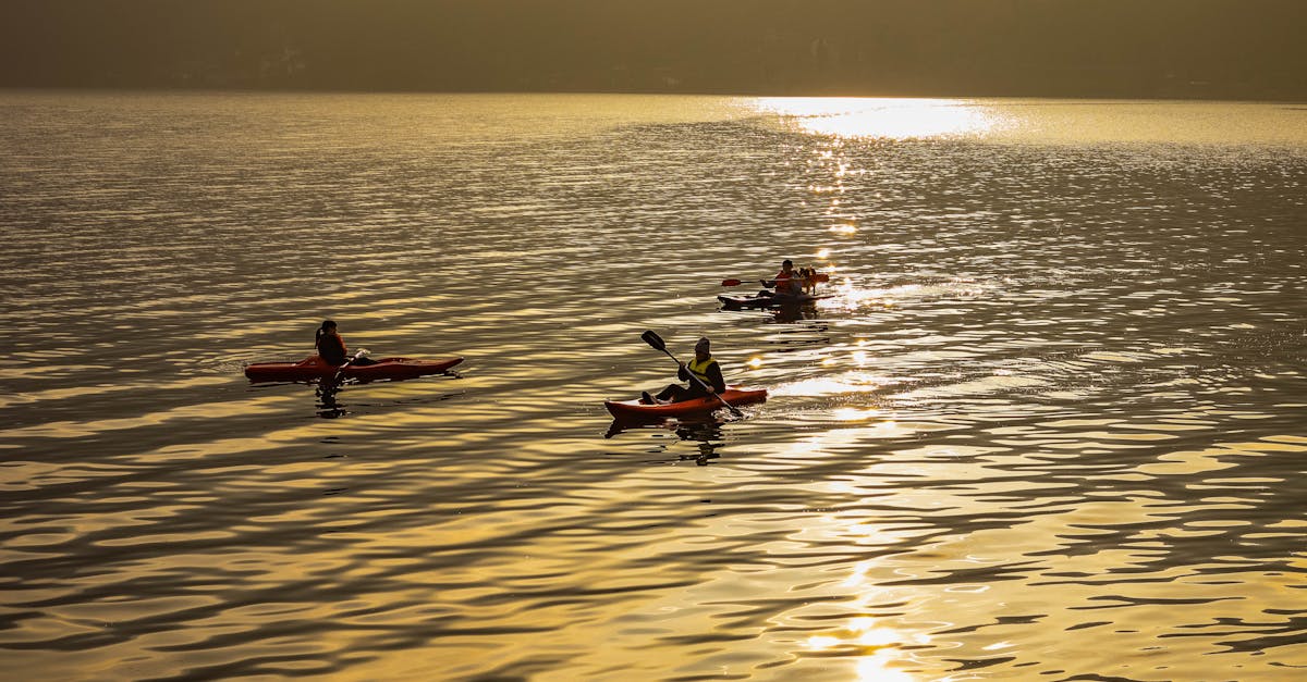Three people enjoy a peaceful canoe trip on a lake at sunset with golden reflections.