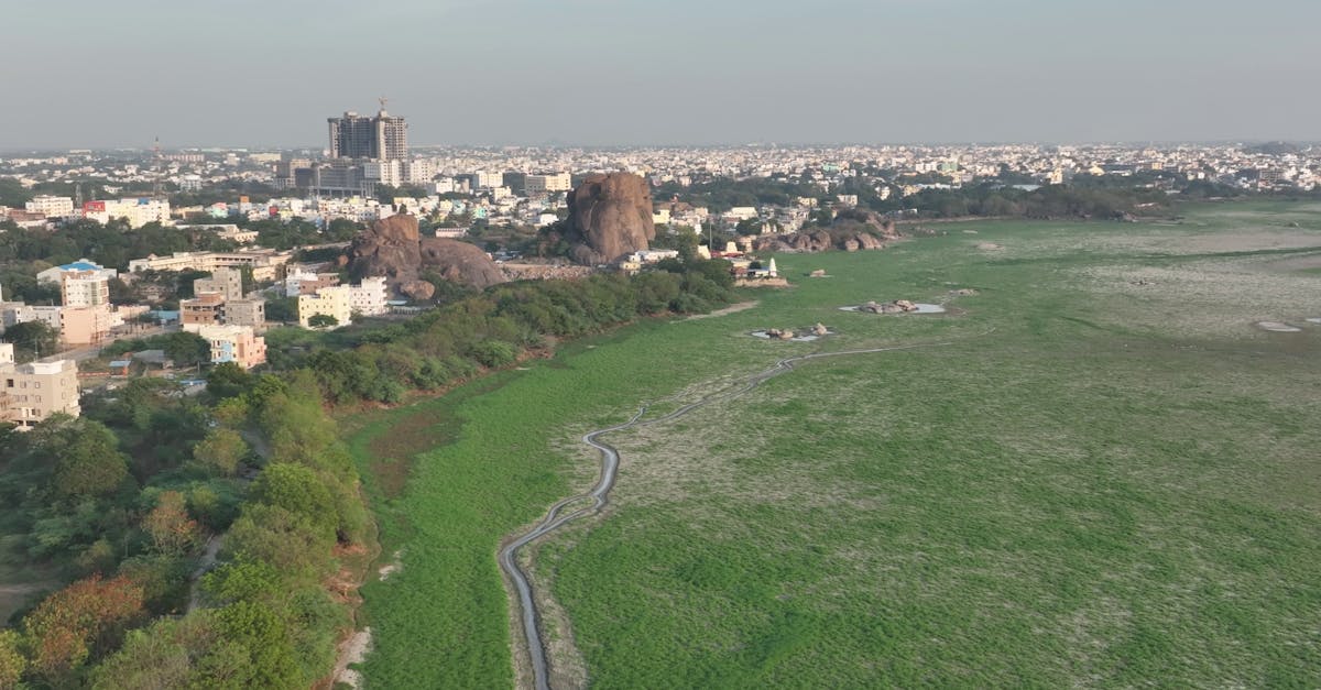 A stunning aerial view of a city landscape with lush greenery and buildings under a clear sky.