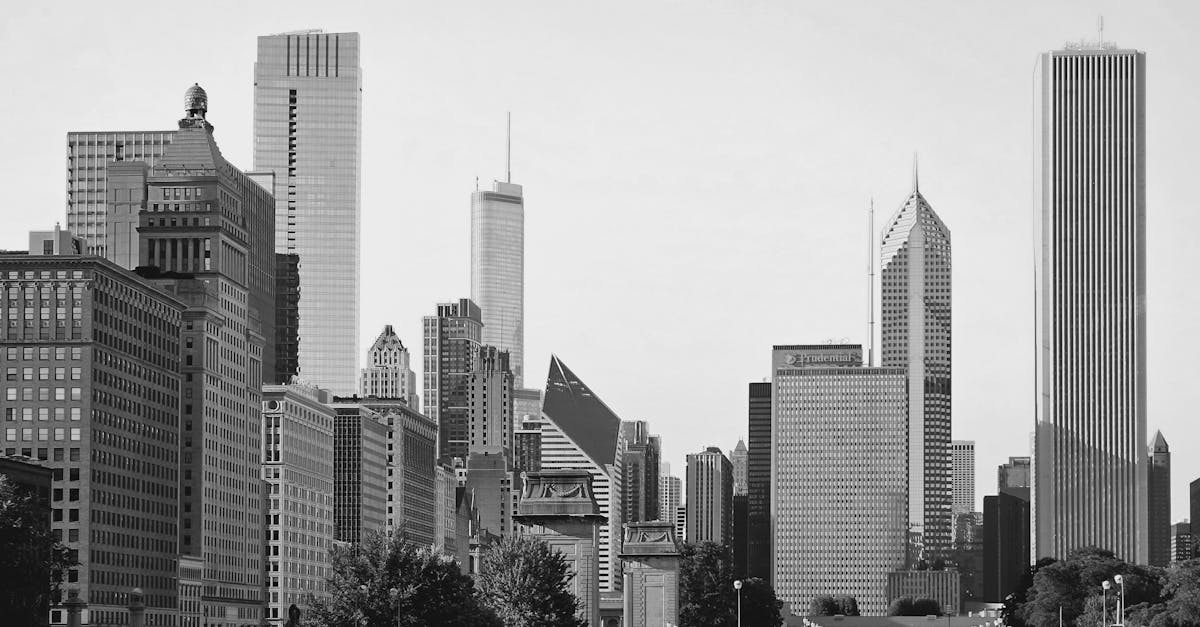 Monochrome view of Chicago skyline featuring iconic skyscrapers and architectural landmarks.