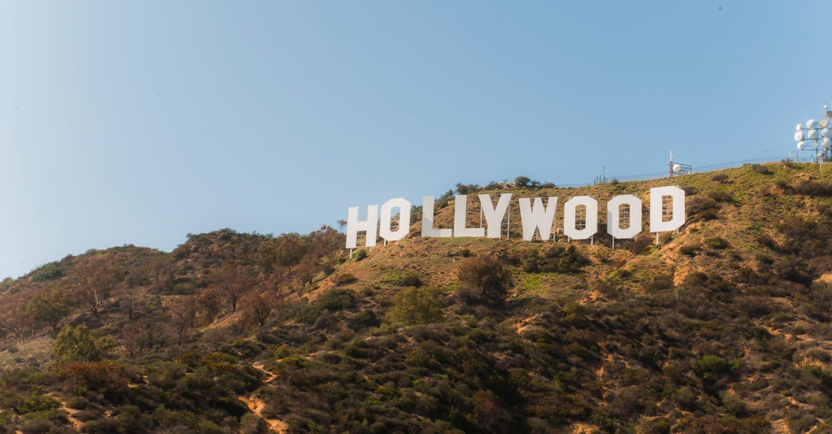 Famous Hollywood Sign on hillside under clear blue sky in Los Angeles, California.