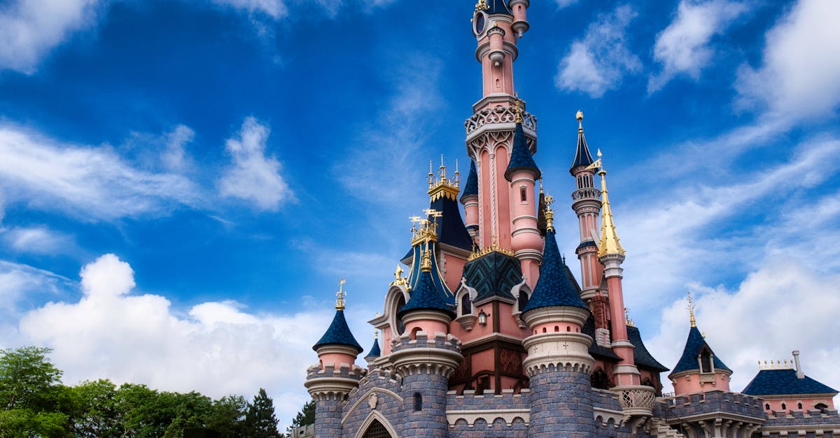 Magical view of the iconic Disneyland Paris castle with a vibrant blue sky.