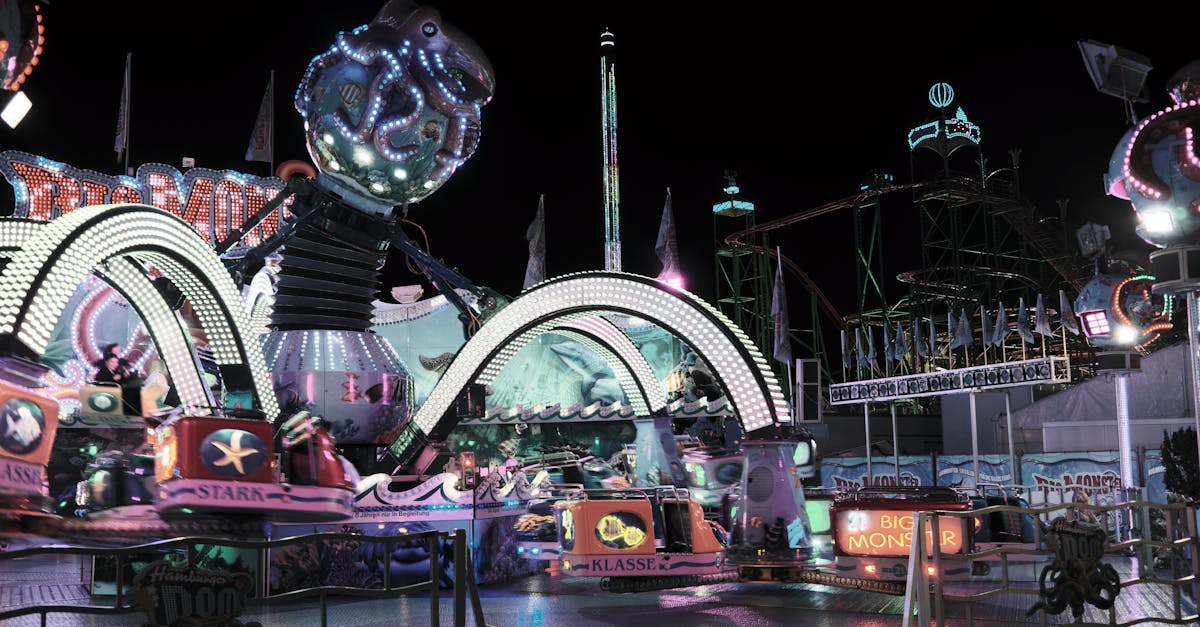 Colorful amusement park rides illuminated at night in Hamburg, showcasing lively attractions.