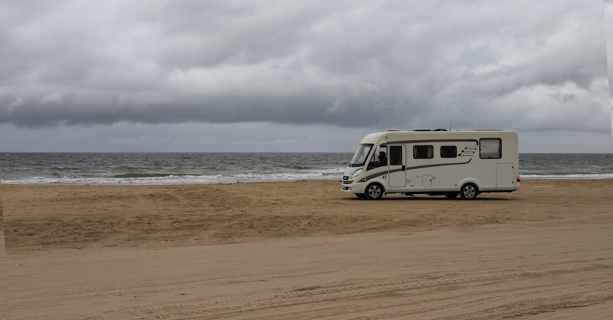 Camper parked on a tranquil beach in Dänemark under cloudy skies.