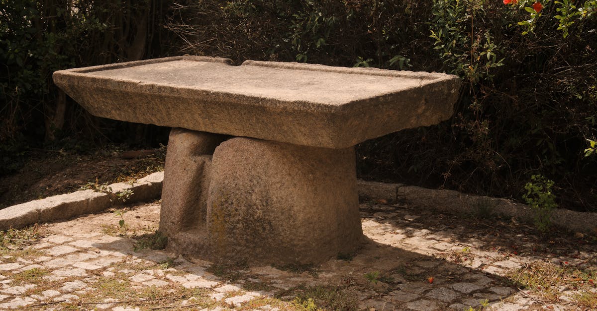 Ancient stone table surrounded by foliage in a tranquil garden.