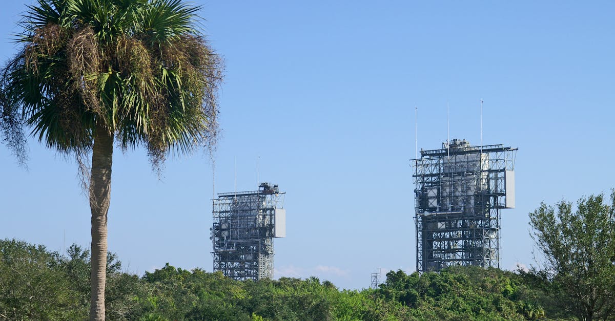A view of launch pads amidst greenery at Cape Canaveral Space Force Station, Florida.