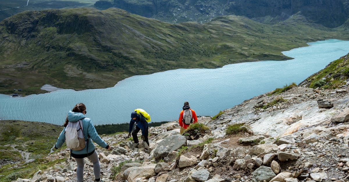 Hikers navigate a rocky path overlooking a picturesque lake in Innlandet, Norway.