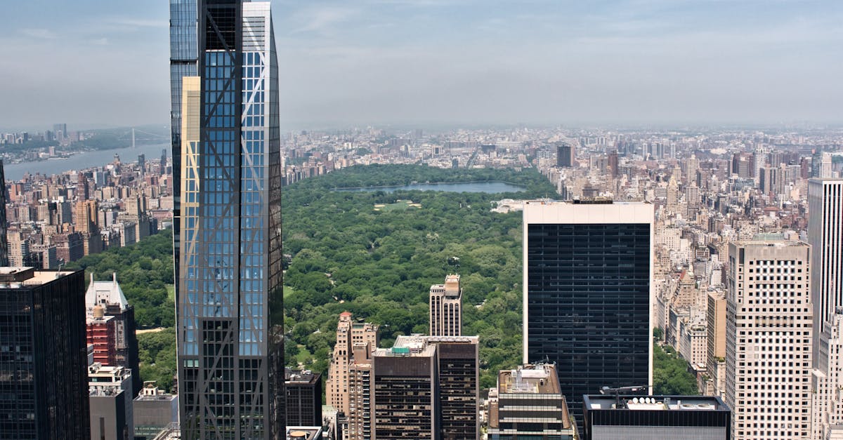 Breathtaking aerial view of New York City skyline with Central Park surrounded by skyscrapers under a clear sky.
