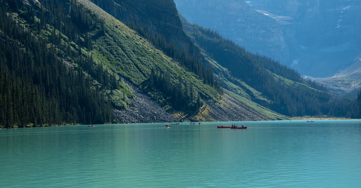 Canoes on the turquoise waters of Lake Louise surrounded by lush mountains in summer.