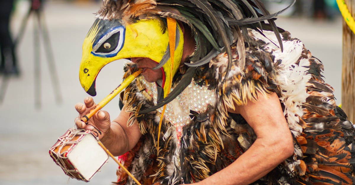 A performer in a vibrant bird mask plays a traditional instrument outdoors.