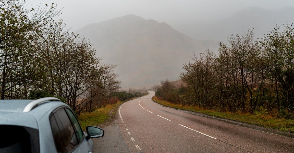 A misty mountain road scene with a distant car and autumn foliage in a tranquil landscape.