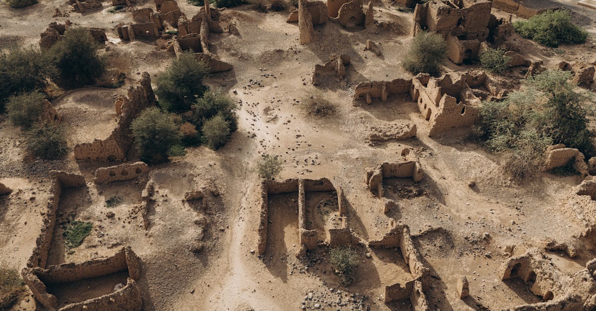 Aerial shot of historic ruins in Oman, showcasing ancient architecture and desert landscape.