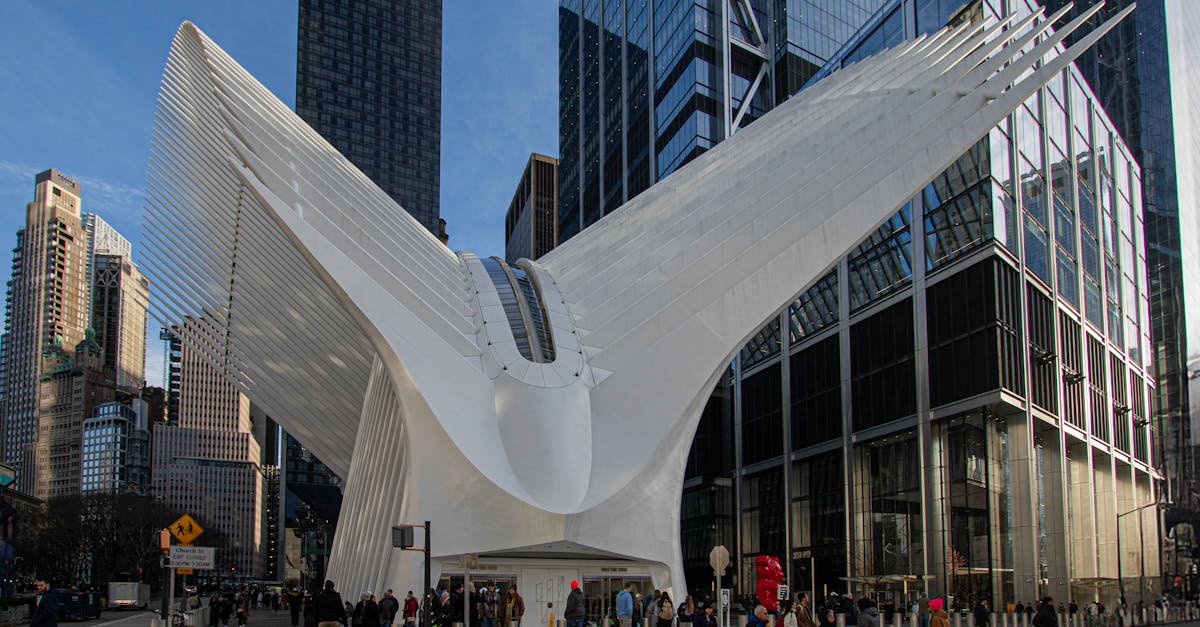 Crowds at the Oculus building in NYC, a striking architectural landmark near One World Trade Center.