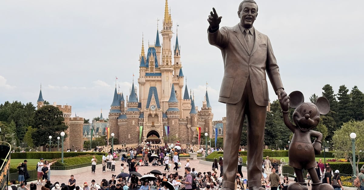 Statue of Walt Disney and Mickey Mouse in front of Cinderella Castle, Tokyo Disneyland.