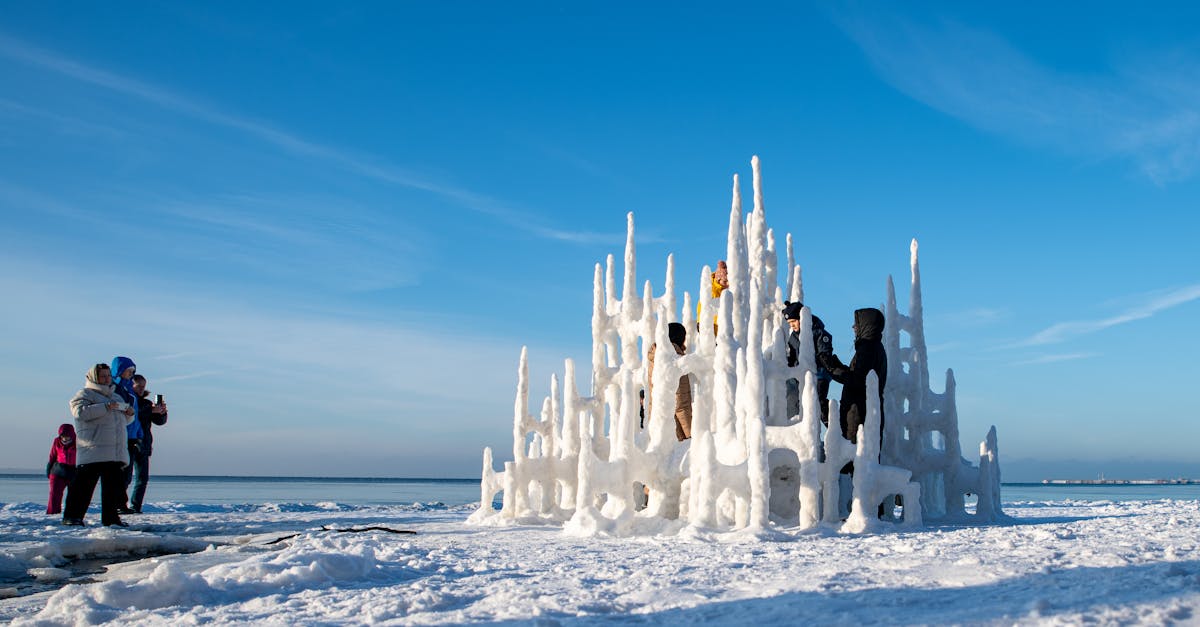 People enjoying a unique ice sculpture on a snowy Tallinn beach.