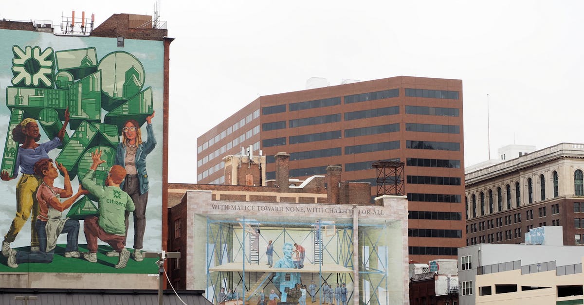 Urban murals and city buildings in Philadelphia capturing diverse expressions.