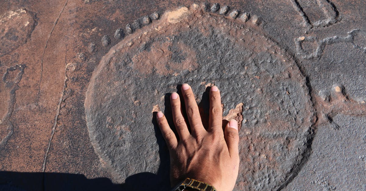 A person's hand touches prehistoric petroglyphs etched on a rocky surface outdoors.