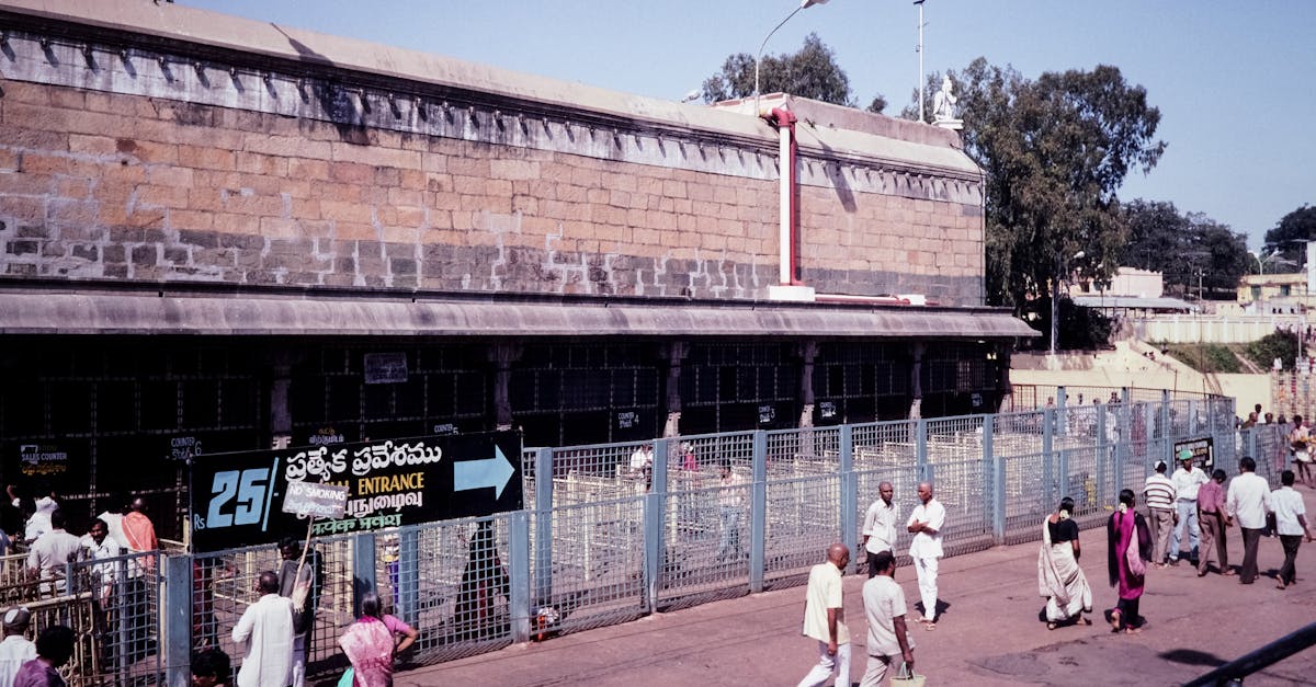 People entering a temple in India on a sunny day. Entrance sign and local architecture are visible.