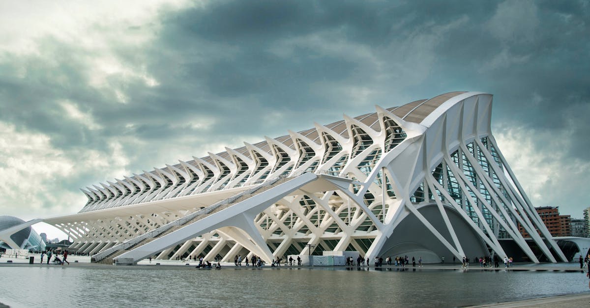 Stunning architectural design at the City of Arts and Sciences in Valencia, Spain with a dramatic sky backdrop.