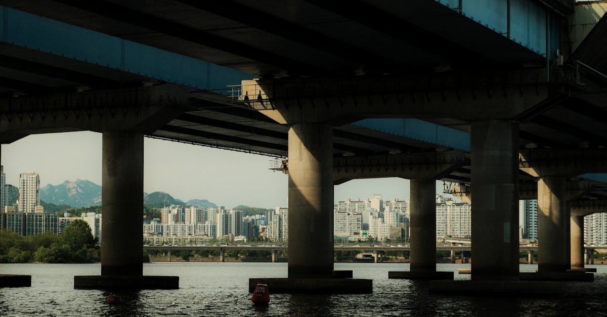 Photo of a bridge over a river with city skyline in the background. Urban architecture meets nature.