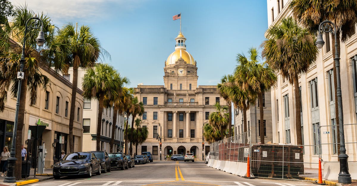 View of Savannah City Hall with its golden dome framed by palm trees along a downtown street.